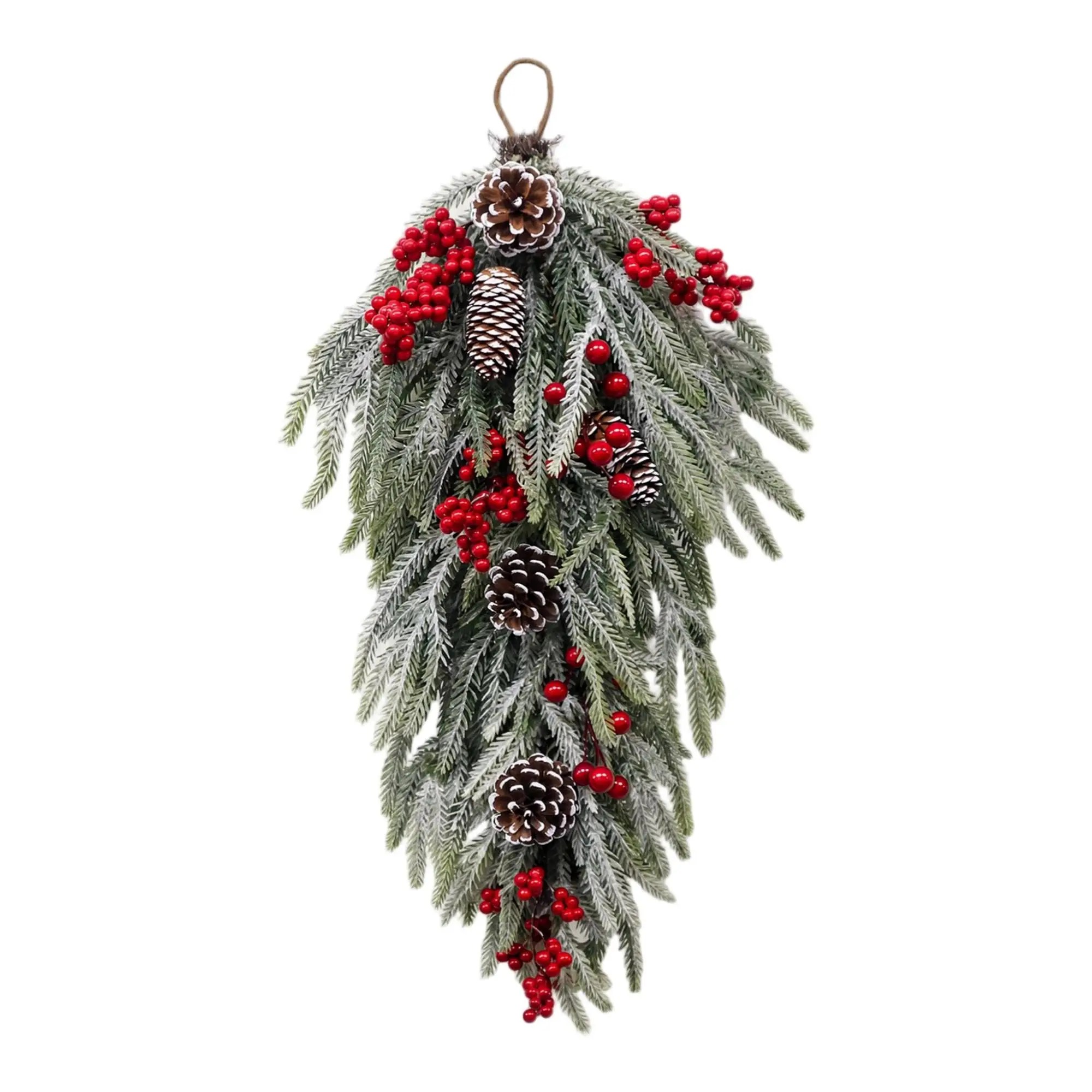 24 Inch Pre Lit Flocked Christmas Teardrop Swag With Timer 8 Lighting Modes Snow Flocked Artificial Pine Door Swag With Red Berries And Pinecones Winter Holiday Decor For Front Door 1