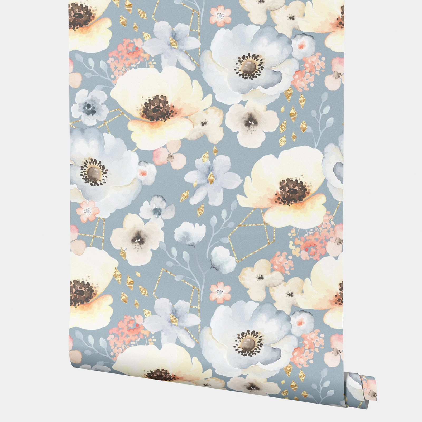 Gentle Poppies Wallpaper,Wall adhesive Paper Delicate Watercolor Blooms On Soft Blue Background,Gorgeous Floral Wall Stickers