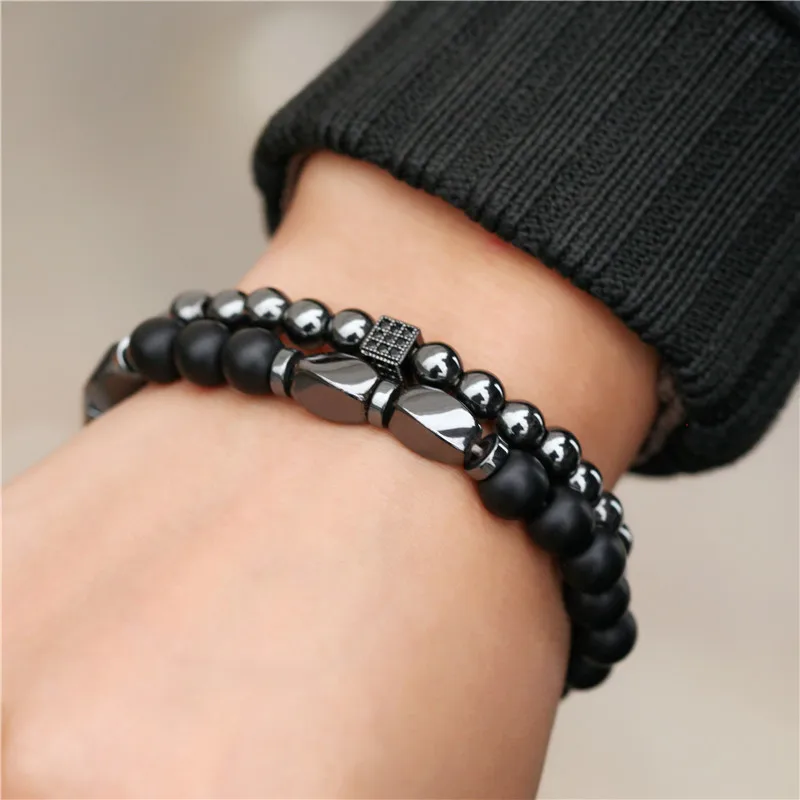 2Pcs/Pack Men's Black Bracelet Set Trendy Hip Hop Style Micro Set Zircon Dice Black Gallstones Elastic Bracelet