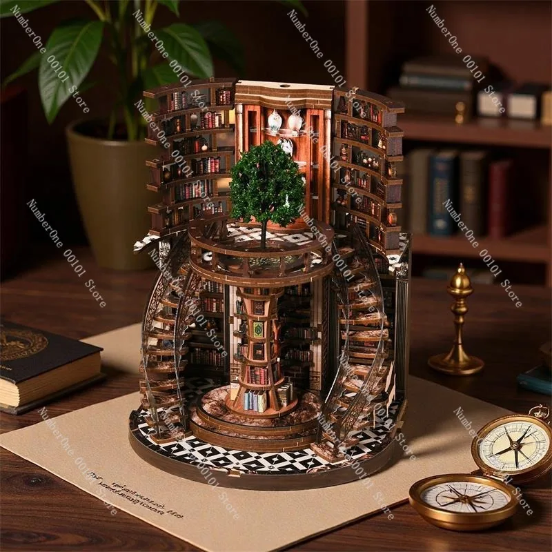 DIY Wooden Book House Bookend Model, Smart Year-Round Theme Miniature House, Handmade Assembly Toy and Bookshelf Decoration