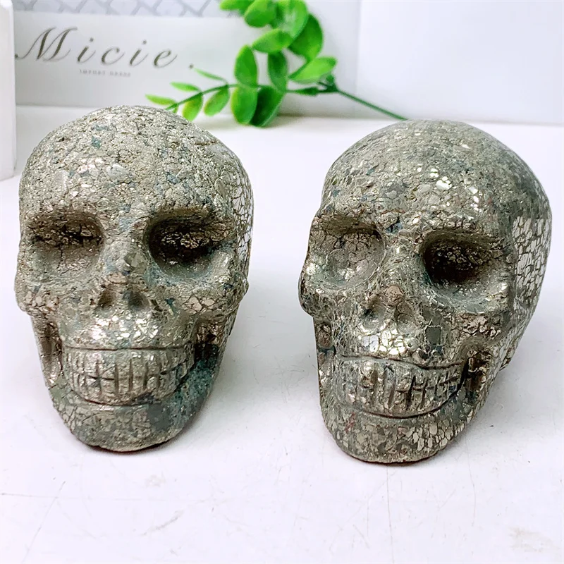 Natural Pyrite Skull Carvings, Mini Statue Figurine, Crystal Room Decor, Halloween Decoration, Witchcraft Gift, 0.89kg, 1Pc