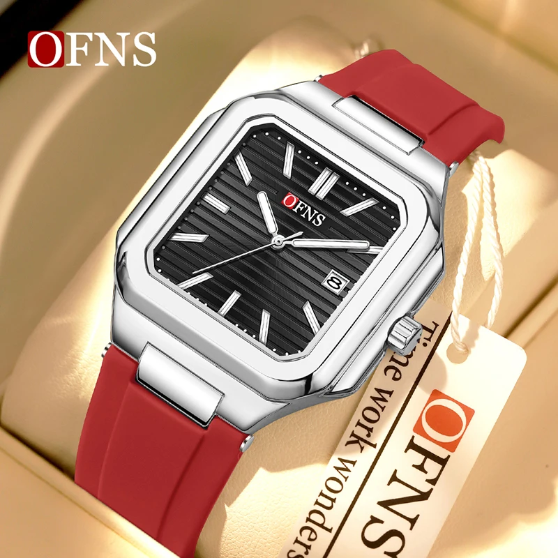 

OFNS 1650 Business and Leisure Men's and Women's Watch Square Silicon Tape Quartz Watch Night Light Calendar 3ATM Waterproof