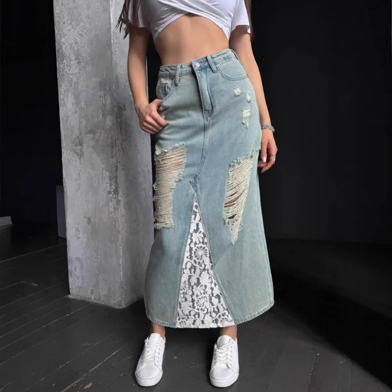 

Женская летняя винтажная полая джинсовая длинная юбка с потертостями и кружевом, джинсовая юбка-русалка, средняя юбка трапециевидной формы Y2K, повседневная весна