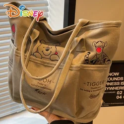 Disney Winnie The Pooh Printed Canvas Tote Bag Retro Shoulder Bag Large Capacity Multi Pocket Light Handbag Student Commuter Bag