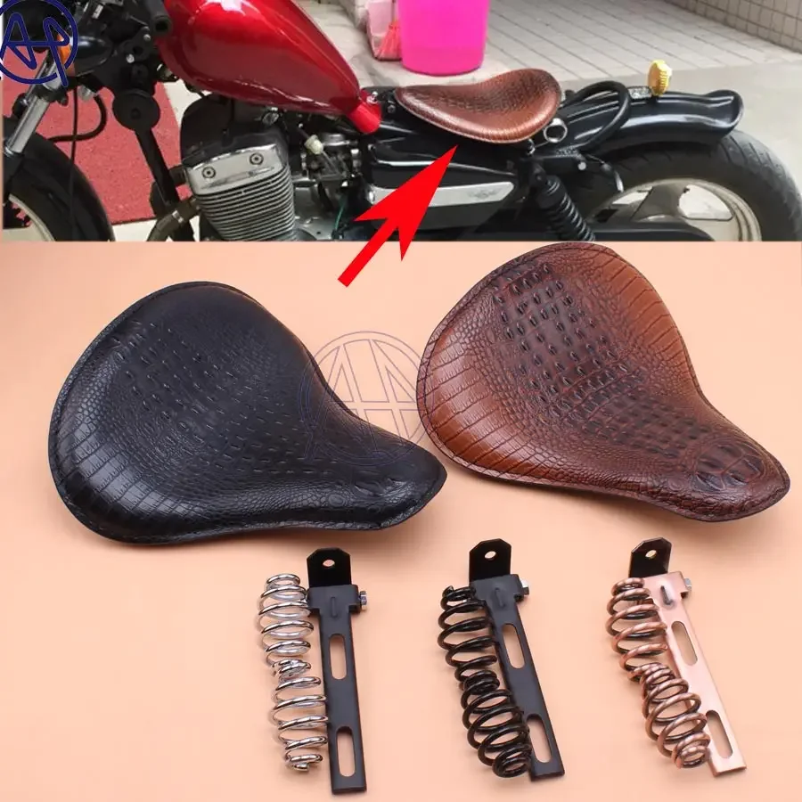 

For Cafe Harley Custom Chopper Motorcycle Retro Old School Crocodile Leather Style Solo Saddle Seat+3" Spring Swivel Bracket