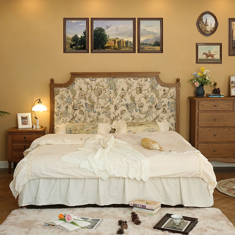 

Мебель в стиле кантри, кровать из цельного дерева с мягкой сумкой, высокая спинка, кровать размера «queen-size», орех, французский ретро-мастер для украшения стиля