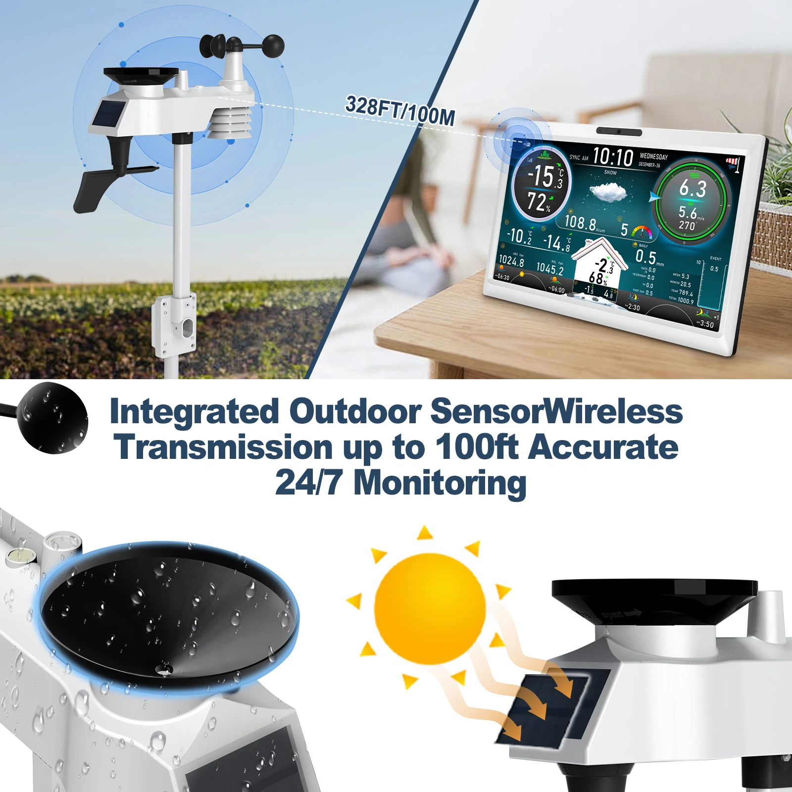 Estación meteorológica WiFi con pantalla HD TFT de 10,1 pulgadas, Sensor inalámbrico para exteriores con Control remoto Solar, alarma de marco de fotos Digital