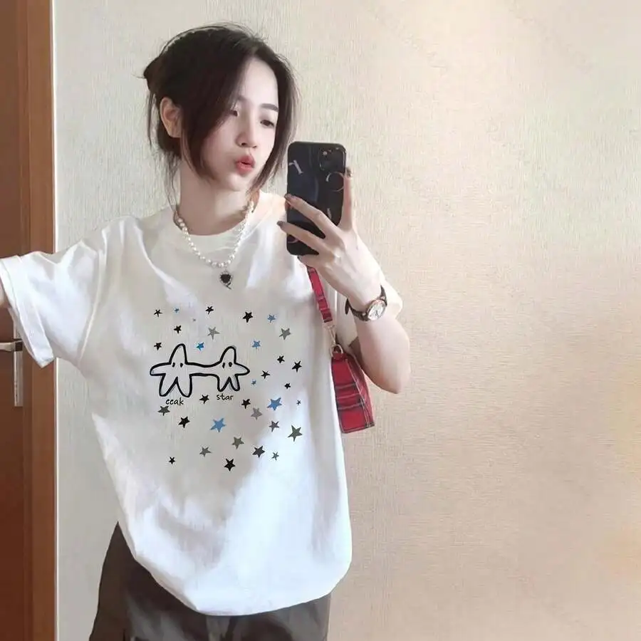 Women 2026 Summer New Crew Neck Short Sleeve T-Shirt Pure Cotton Niche Unique Design Print Loose Fit Slim Soft Breathable Daily All Match Casual Trendy Top