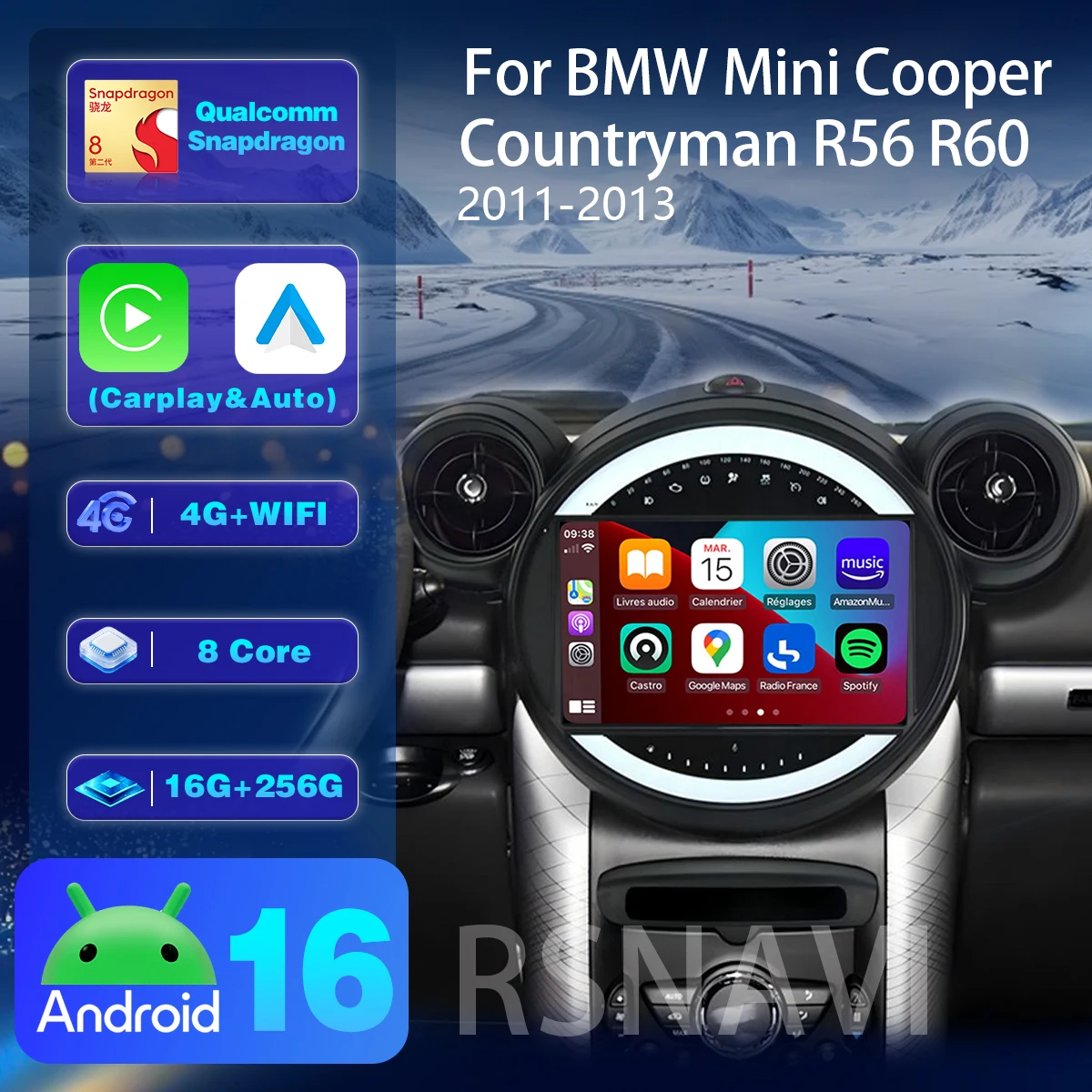 Android 16 Carplay Auto Car Radio Multimedia For Bayerische Motoren Werke BMW Mini Cooper Countryman R56 2011 - 2013  WiFi+4G