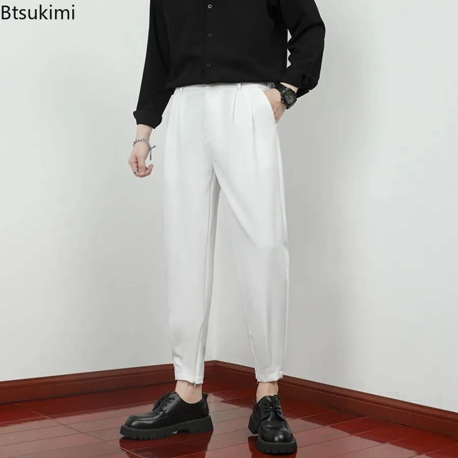 New Fashion Men Solid Casual Pants Elastic Waist Small Feet Slim Trousers Korean Style Pleated Tapered Men Suit Pants Streetwear
