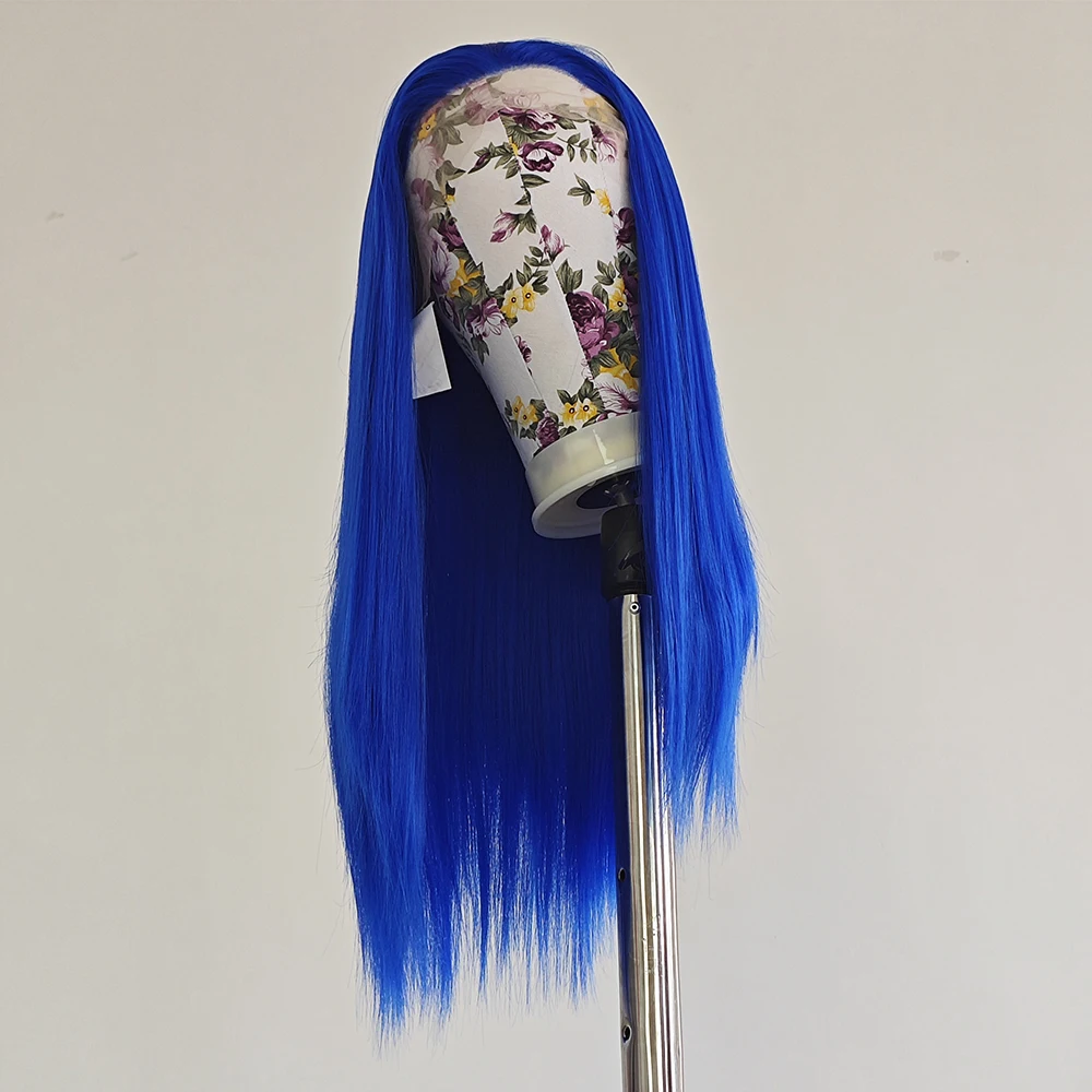 شعر مستعار اصطناعي مستقيم أزرق ساطع خط شعر طبيعي مقاوم للحرارة شعر أزرق باروكات أمامية من الدانتيل شعر مستعار للحفلات التنكرية باروكات زرقاء ملكية