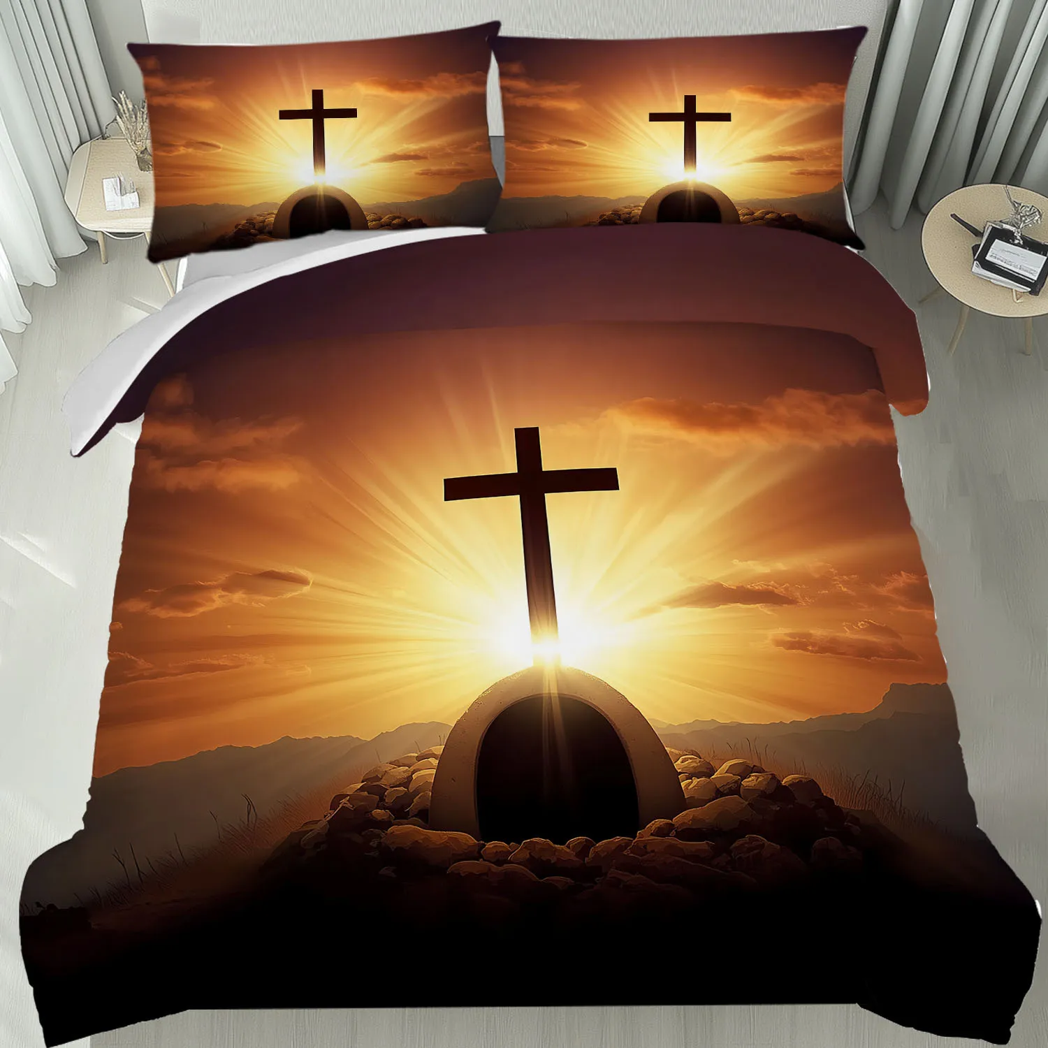 

Latacaca 3 шт. Набор пододеяльников с христианским крестом, 1 пододеяльник + 2 наволочки, с красивым восходом над крестом