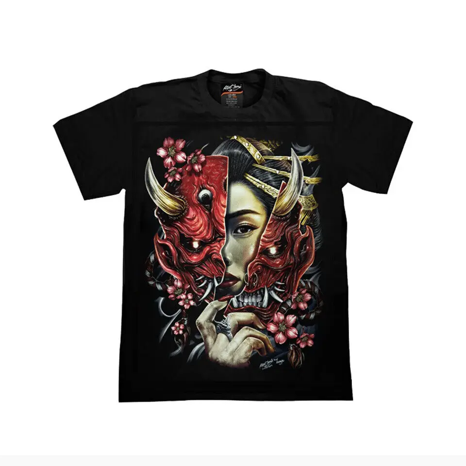 Geisha Kabuki T Shirt Japanese Mask Demon Oni Glow In The Dark Black Tee Cotton