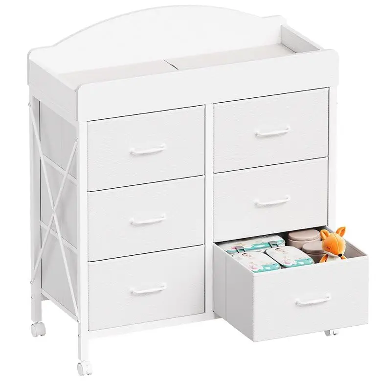 Baby Changing Table Dresser with Wheels, 6-Fabric Drawer Baby Dresser with Changing Table Top, Waterproof Diaper Changing