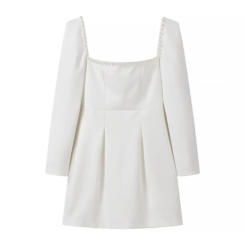 Women's Dresses Long Sleeve MiniSkirt Simple Short Dress Tailored At The Waist Square Collar With White Beading  On The Neckline