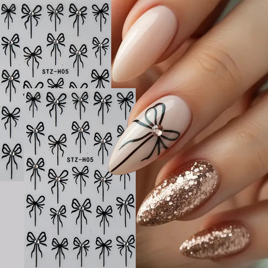 2개 3D 라인스톤 리본 네일 아트 스티커 반짝이는 크리스탈 블랙 리본 접착 장식품 새해 DIY 네일 용품