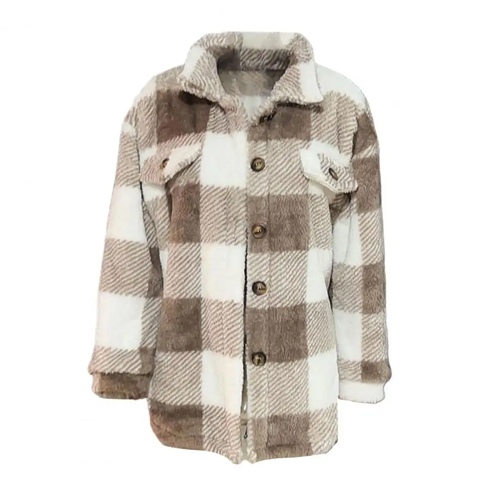 Cashmere Blend Jacket Cashmere Jacket Plaid Print Fleece Cardigan with Button-down Front Turn-down Collar Women's Fall for Daily