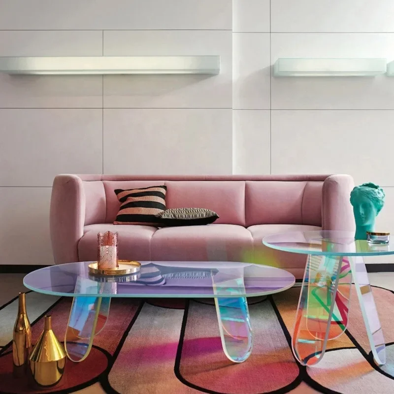 Acrylic coffee table simple sofa installation-free integrated laser film rainbow coffee edge balcony