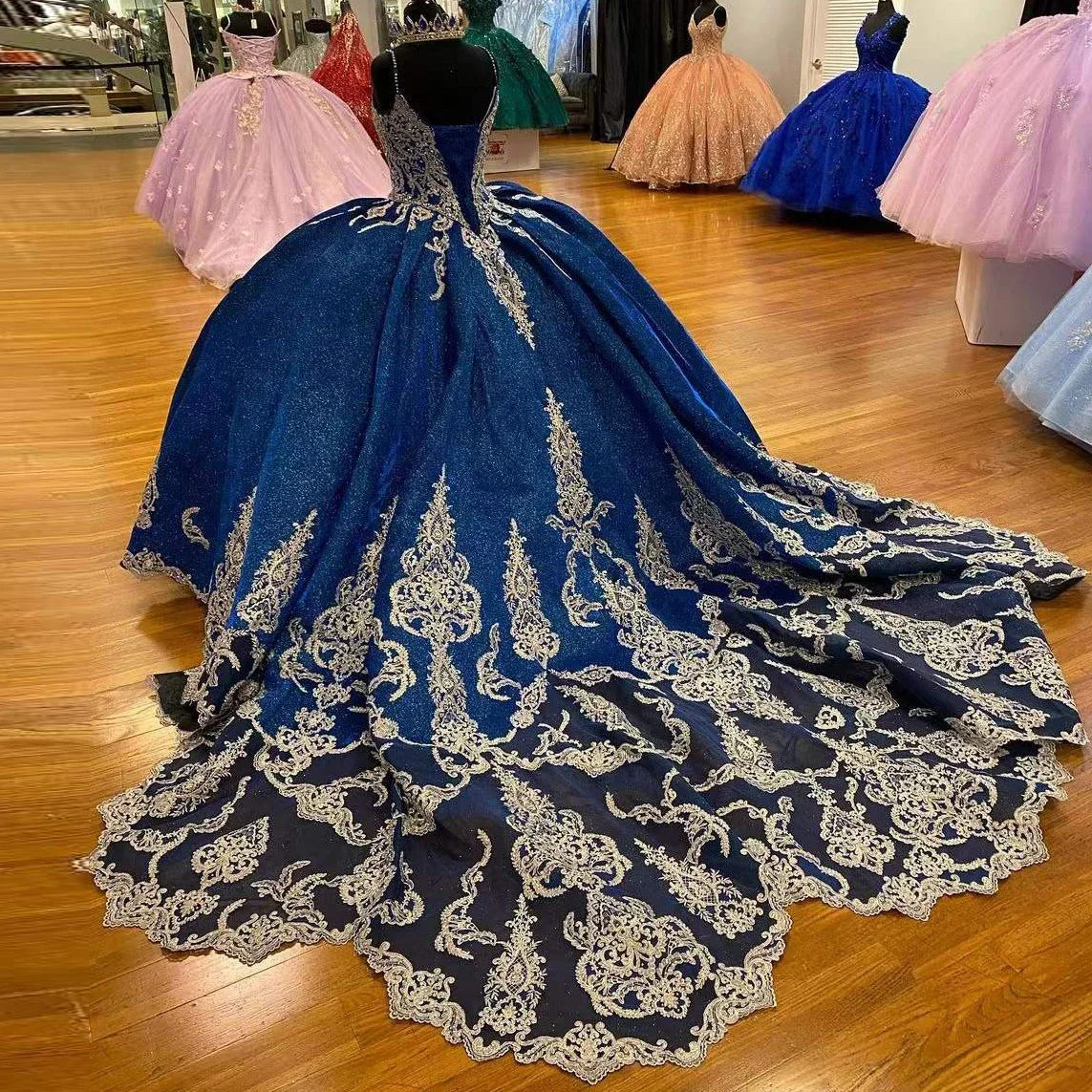 ANGELSBRIDEP-Vestidos De quinceañera azules, vestido De baile para niña De 16 años, apliques De cuentas con lentejuelas, tren De barrido, Vestidos De 15 Años