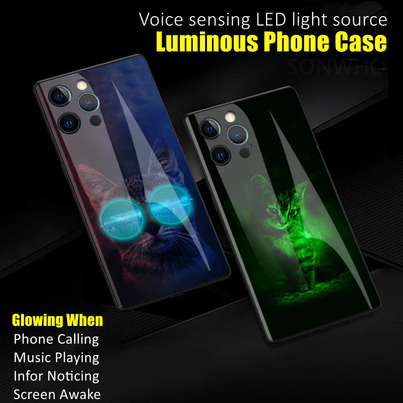 Cool Cat LED Light Glowing Luminous Phone Case for iPhone 15 13 14 Pro Max Samsung S24 22 23 Note10 20 Plus Ultra Birthday Gift