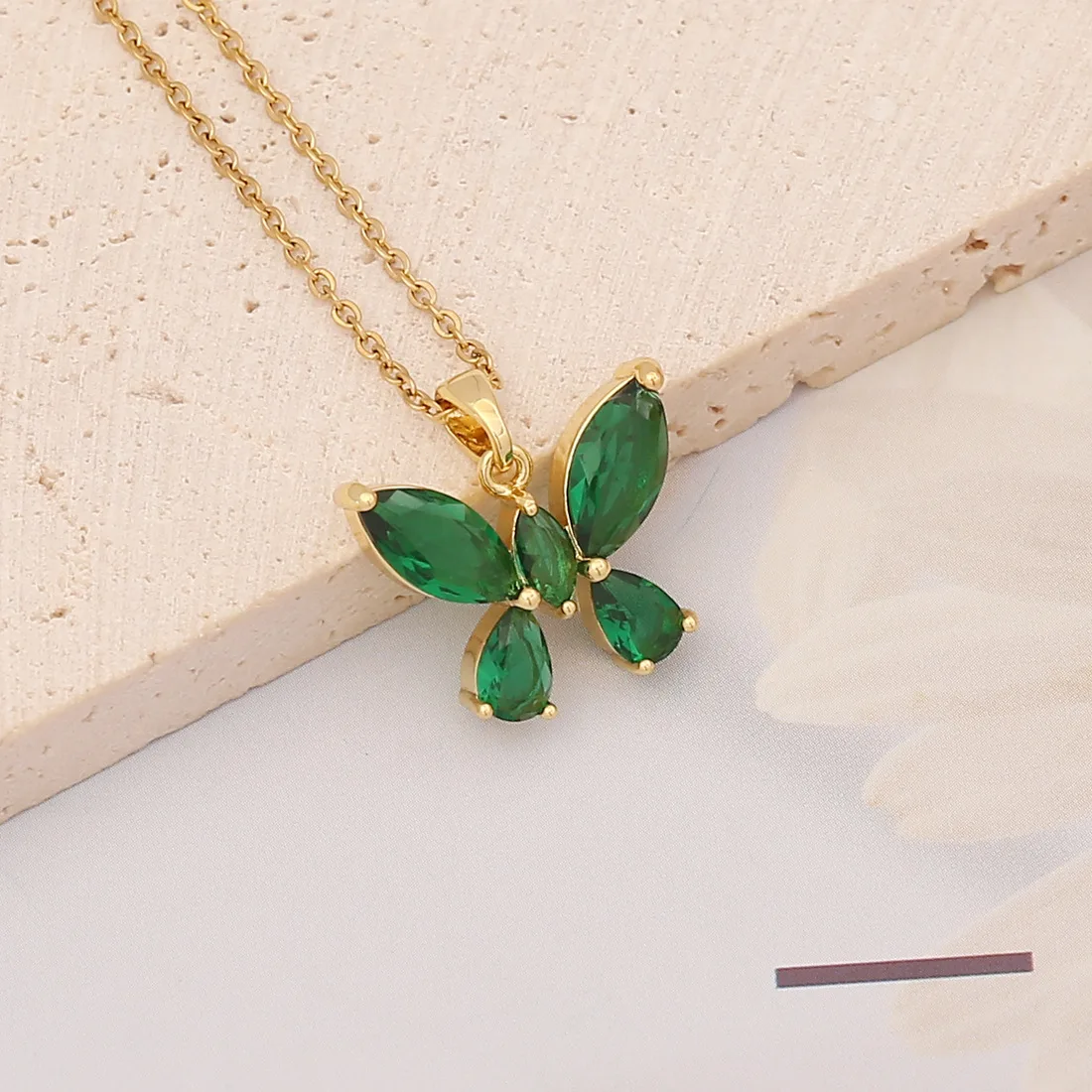 316L Stainless Steel Butterfly Clover Pendants Necklace For Women Nature Stone Cz  Never Pendants Clavicle Chains Jewelry 2022