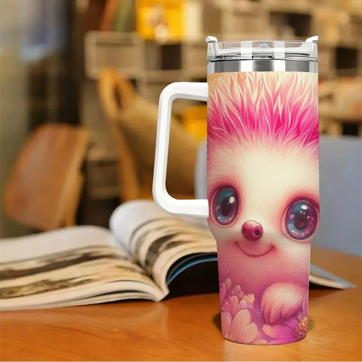 1pc 40Oz Adorable Hedgehog Floral Vacuum Cup Mug - Vacuum-Sealed Stainless Steel Water Bottle Featuring Straw & Handle, Leakproof Flip Top - Maintains Beverage Temperature for Hours in Pastel Pink, Blue, Purple, Yellow, And Orange view 3