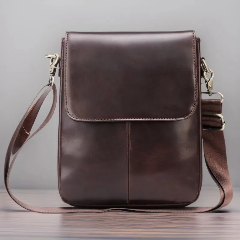 2025 Men's Professional Full-Grain Cowhide Vertical Messenger Bag Business Fashion Flap-Over Crossbody Bag