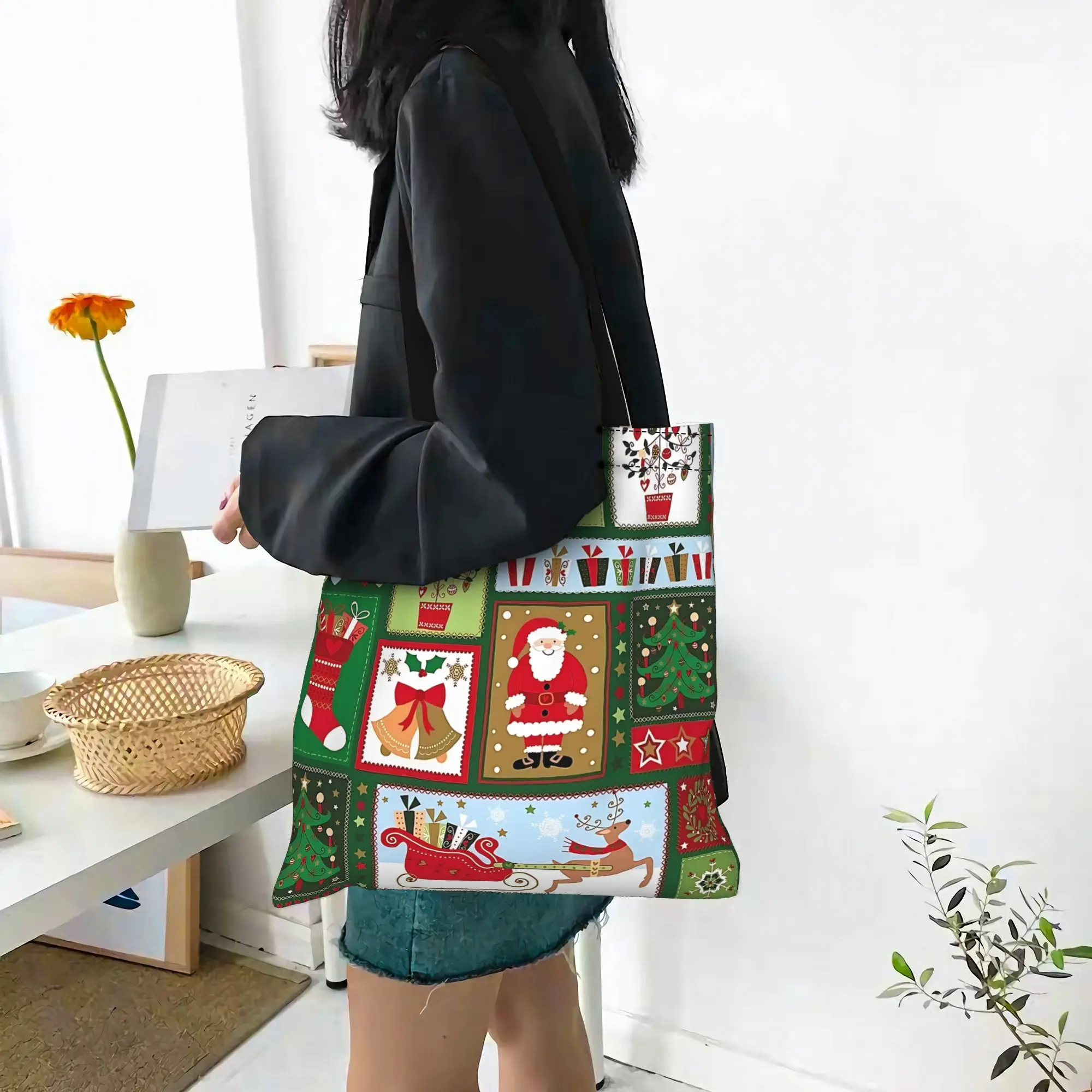 Customized Christmas Collage Seamless Pattern Women's Bag Shopping Bag Reusable Double Sided Canvas Tote Bag Shoulder  Handbag
