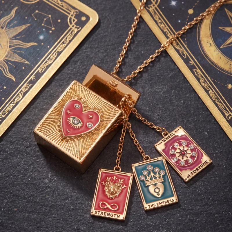 Retro tarot card can be opened, containing a variety of relief, oil drop diamond pendant, niche necklace jewelry