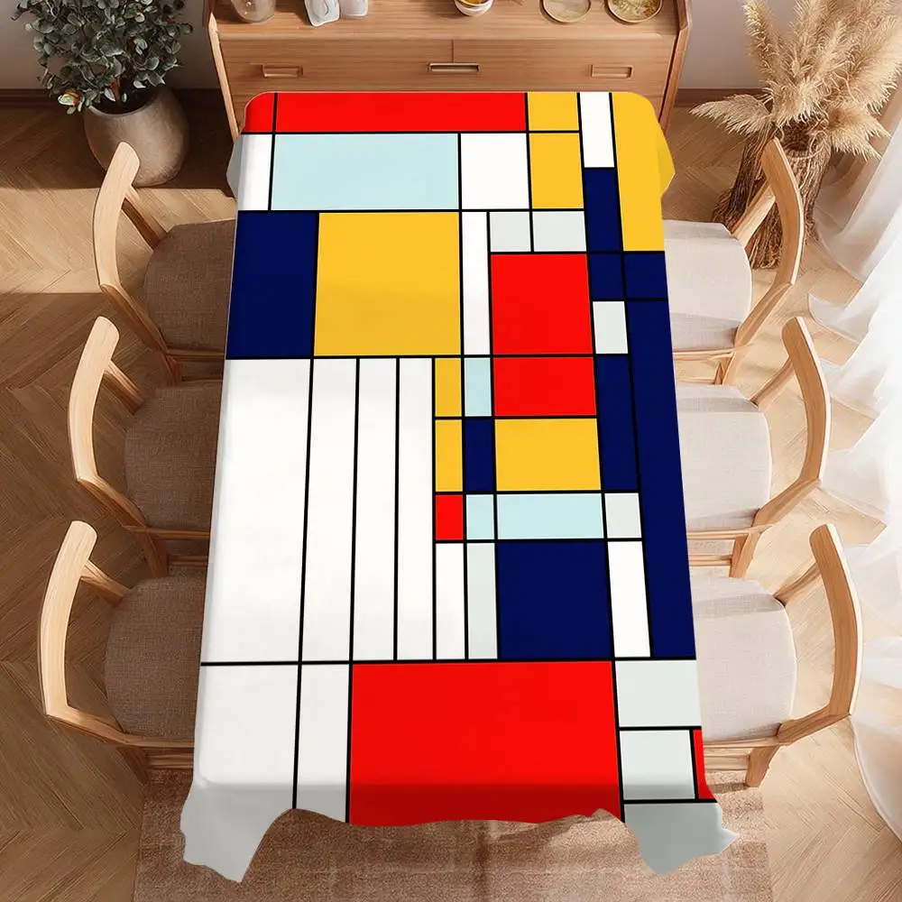 P-Piet Mondrian estilo mantel impermeable a prueba de manchas cubierta de mesa de poliéster para decoración comedor cocina mantel de fiesta