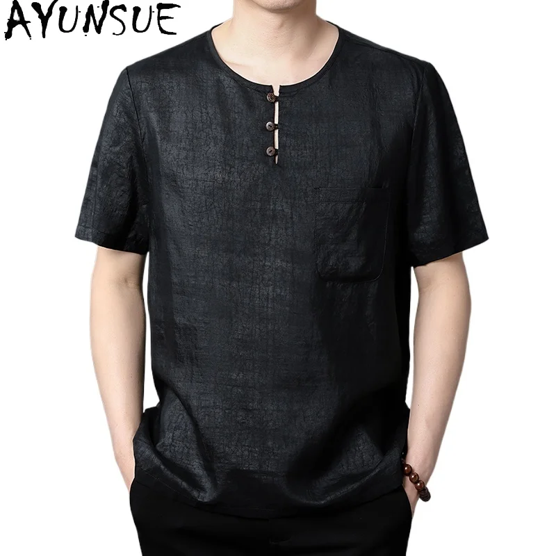 

SYUNSUE 100% Mulberry Silk Mens T Shirt Mens Summer Outfit Men Suits High Quality 2024 Men Clothing Conjunto Hombre Verano