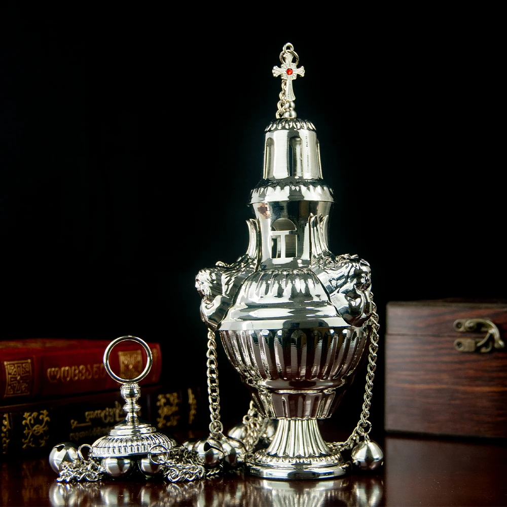 HTISOK Zinklegierung Orthodoxer Weihrauchbrenner mit Kreuzkette, Kirchen-Weihrauchbrenner, Kirchenritual, Orthodoxe Zubehörteile – Detail 12