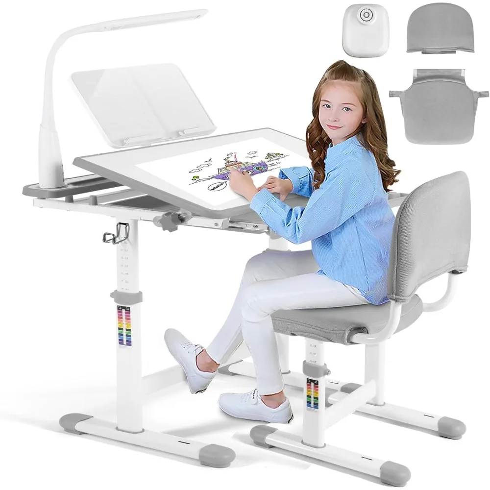 

Kids Study Desk and Chair Set Height Adjustable Children School Girl Table Large Writing Board Desk with LED Lamp