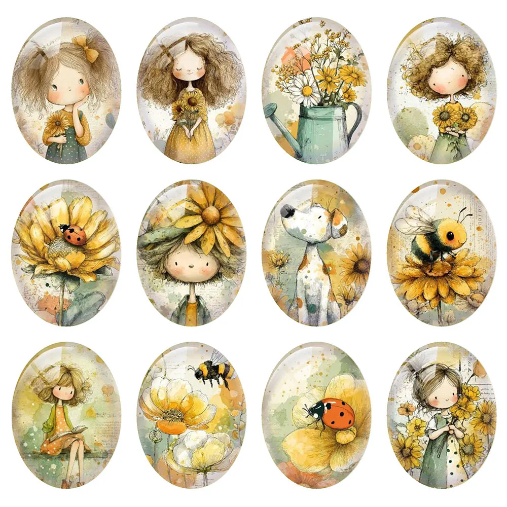 Random Mixed Round/Oval/Square Sunflower Fairy Tale Style Photo Glass Cabochon Flatback Demo Cameo For Diy Jewelry Making