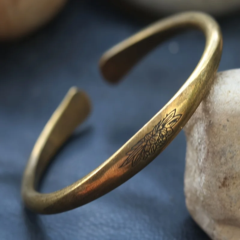 Vintage Bronze Lotus Cuff Bangle for Women Men Hand Carved Open Lotus Pattern Bracelet Buddhist Spiritual Jewelry Birthday Gift