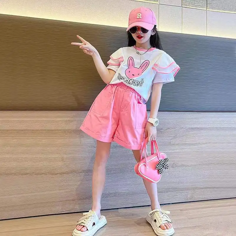 

Summer Casual Girls Alphabet Cartoon Ruffled Sleeves t-Shirt Tops+Short Pant Set School Kids Tracksuit Child 2PCS Outfit 3-16Yrs