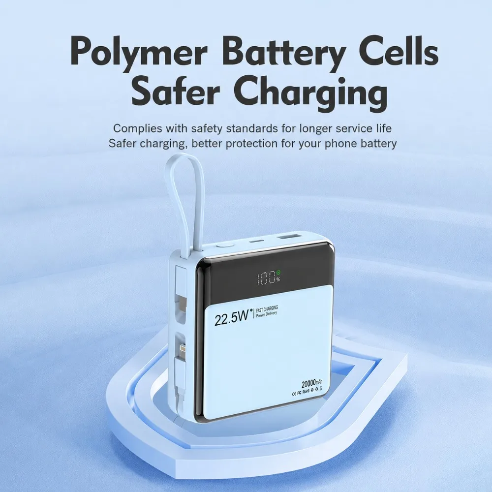 New Power Bank 20000mAh Built‑in Cable 22.5W Fast Charging Portable Charger, Backup Power Supply for IPhone Android Smartphones