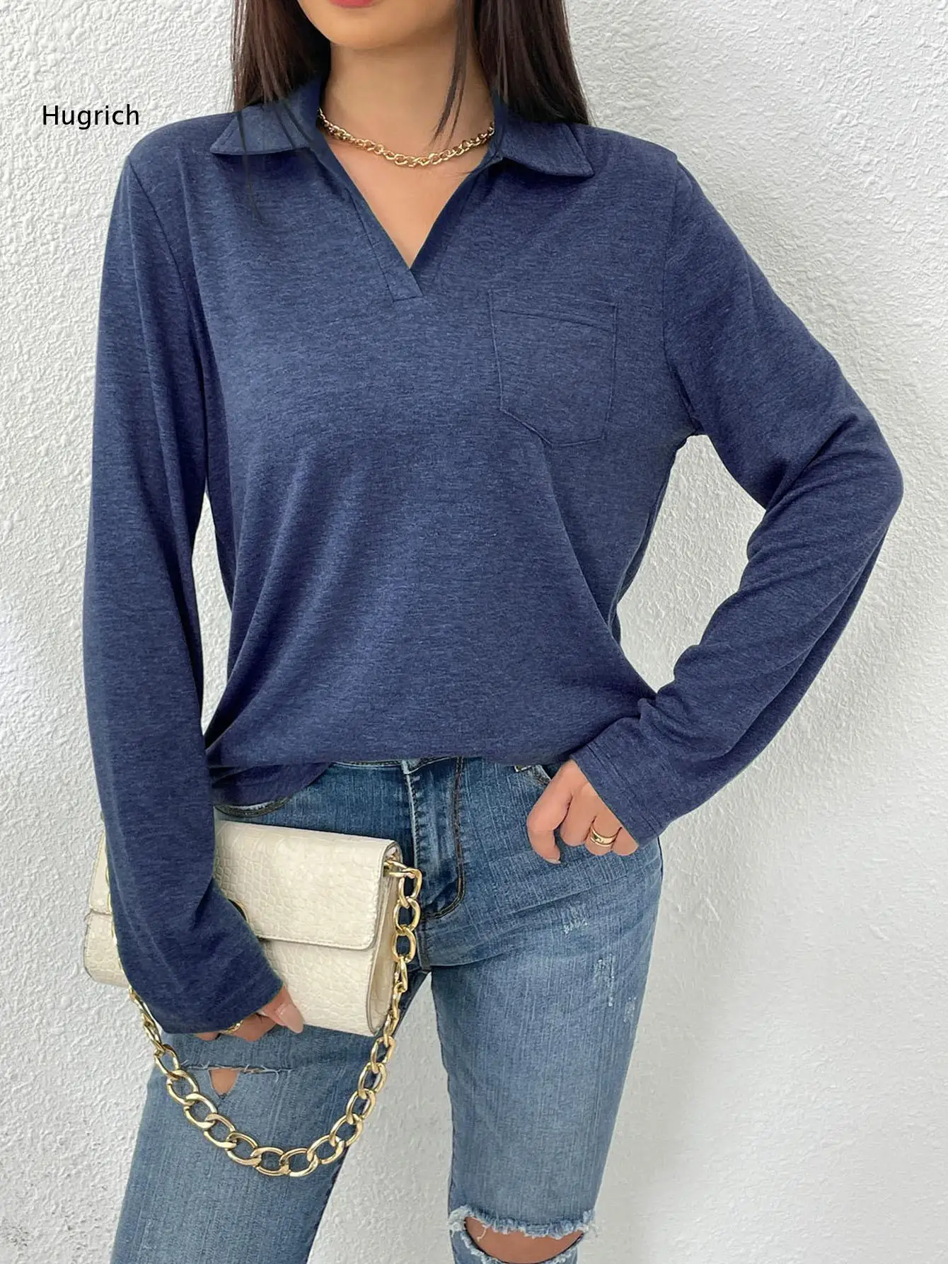 Loose Fit Long Sleeve Blouse For Women Turn Down Collar V Neck Chest Pocket Detail Simple Solid Tone Daily Casual Shirt