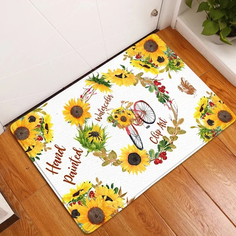 Welcome Door Mat Flannel Printed With Floral Leaf And Bicycle Design Soft Non Slip Indoor Mat For Entryway Home Decor