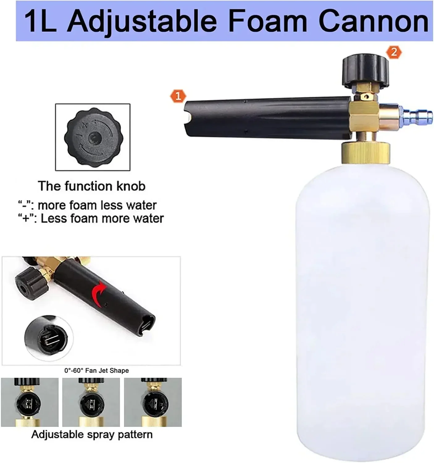 1L High Pressure Foam Gun 1/4 Inch Quick Connector Adjustable Car Wash Soap Foamer Sprayer Foam Generator
