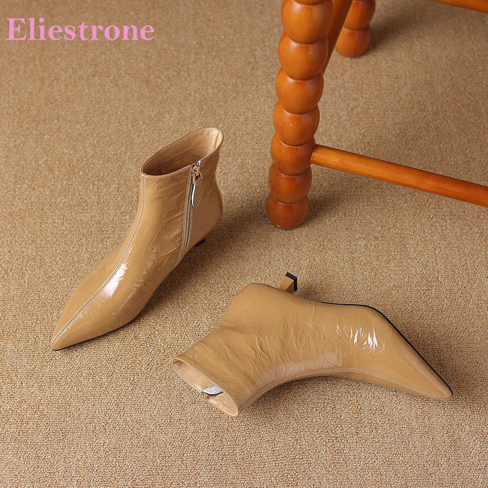 2026 Winter Glossy Women Ankle Booties Geniune Leather Med Heels Oversized Office Lady Shoes Large Small Plus Size 10 31 45 48