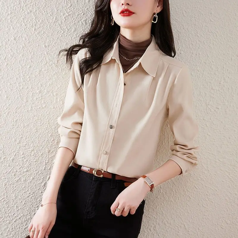 Fashion Lapel Button Solid Color All-match Shirt Women\'s Clothing 2022 Autumn New Loose Casual Tops Office Lady Blouse