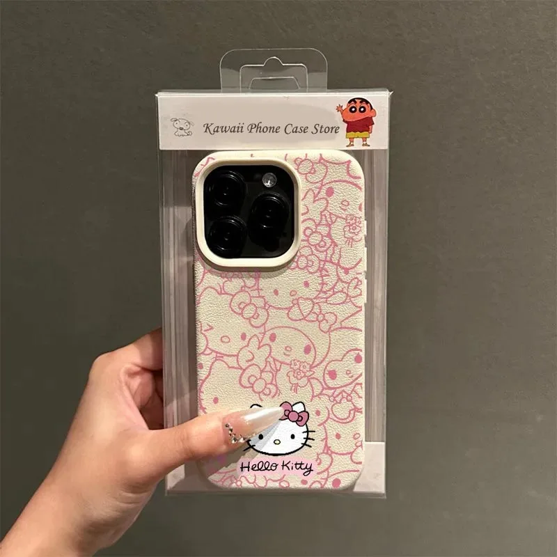 Full Screen Pink Lines Hello Kitty Kuromi Leather Phone Case For iPhone 16 15 14 13 12 11 Pro Max 15 16 PLUS Y2K Pink Girl Cover