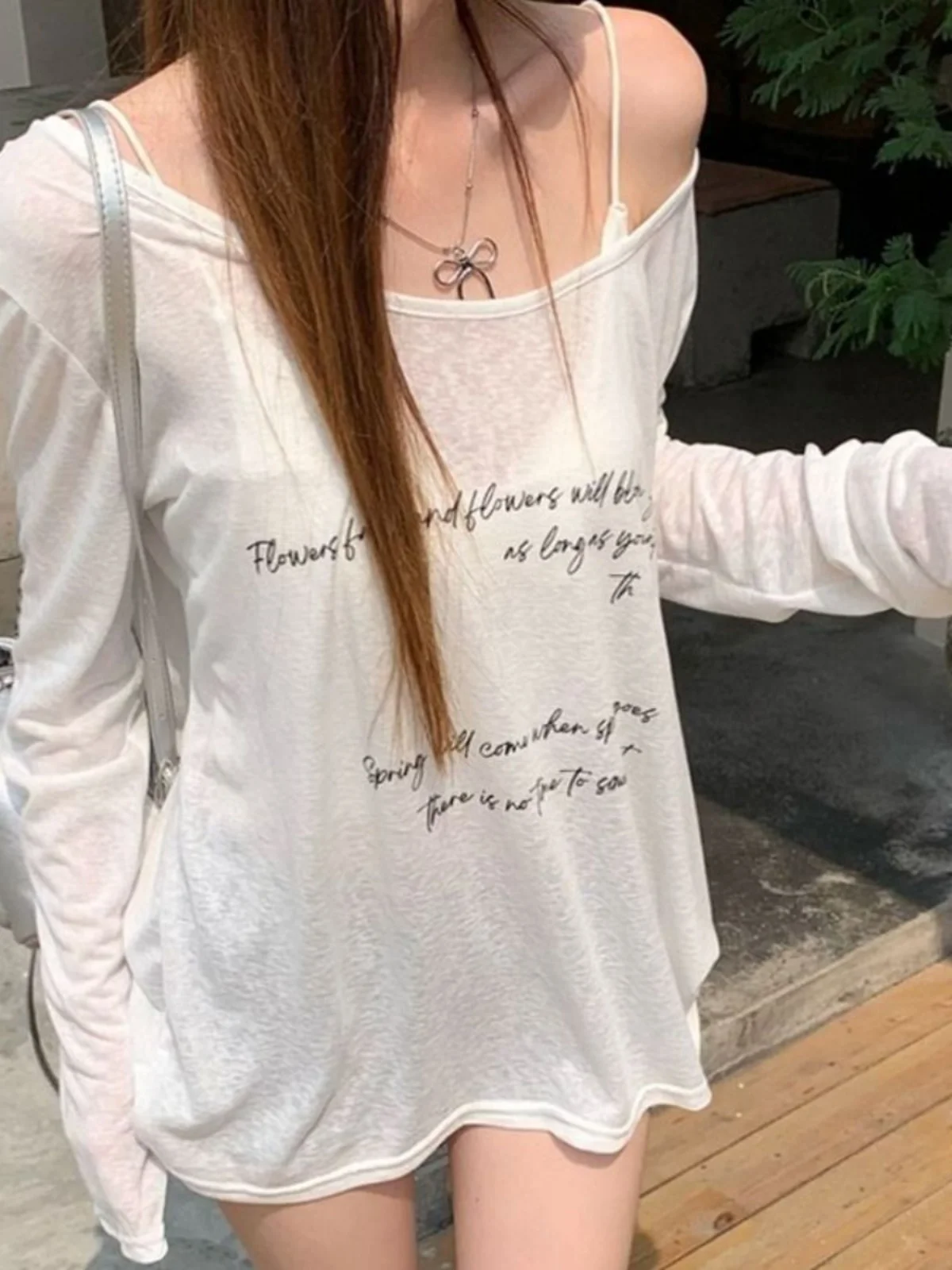 Ladies Sexy Sleeveless Long Sleeve Printed T-Shirt Loose Fit Sun Protection Cover up Shoulder Baring Summer New Style Korean ...