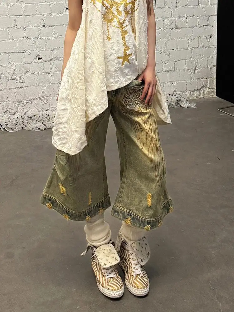 

American Spice Girl Vintage Old Dirty Dyed Cropped Pants Children Summer Heavy Industry Wings Embroidered Denim Shorts