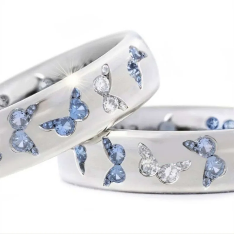 Attractive Silver Color Butterfly Round Rings for Women Blue Green Pink White Stone Rings Jewelry