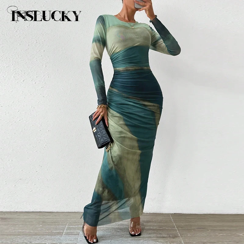 InsLucky-vestido plisado de malla transparente para mujer, con cuello redondo traje Sexy, manga larga, pliegues, ajustado, para oficina