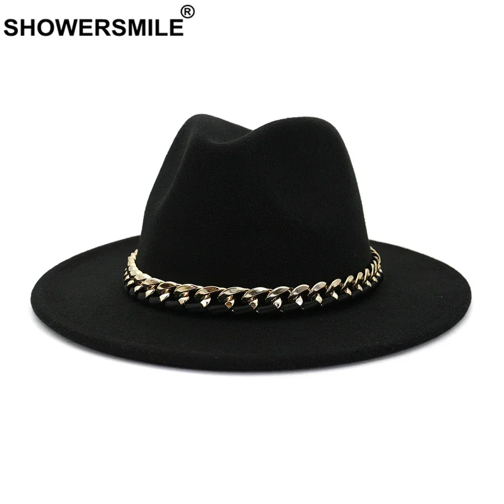 SHOWERSMILE Black Men Women Fedoras with Golden Chain Belt Men's Fashion Jazz Hat Autumn Winter Fashion Metal Chain Fedora Red