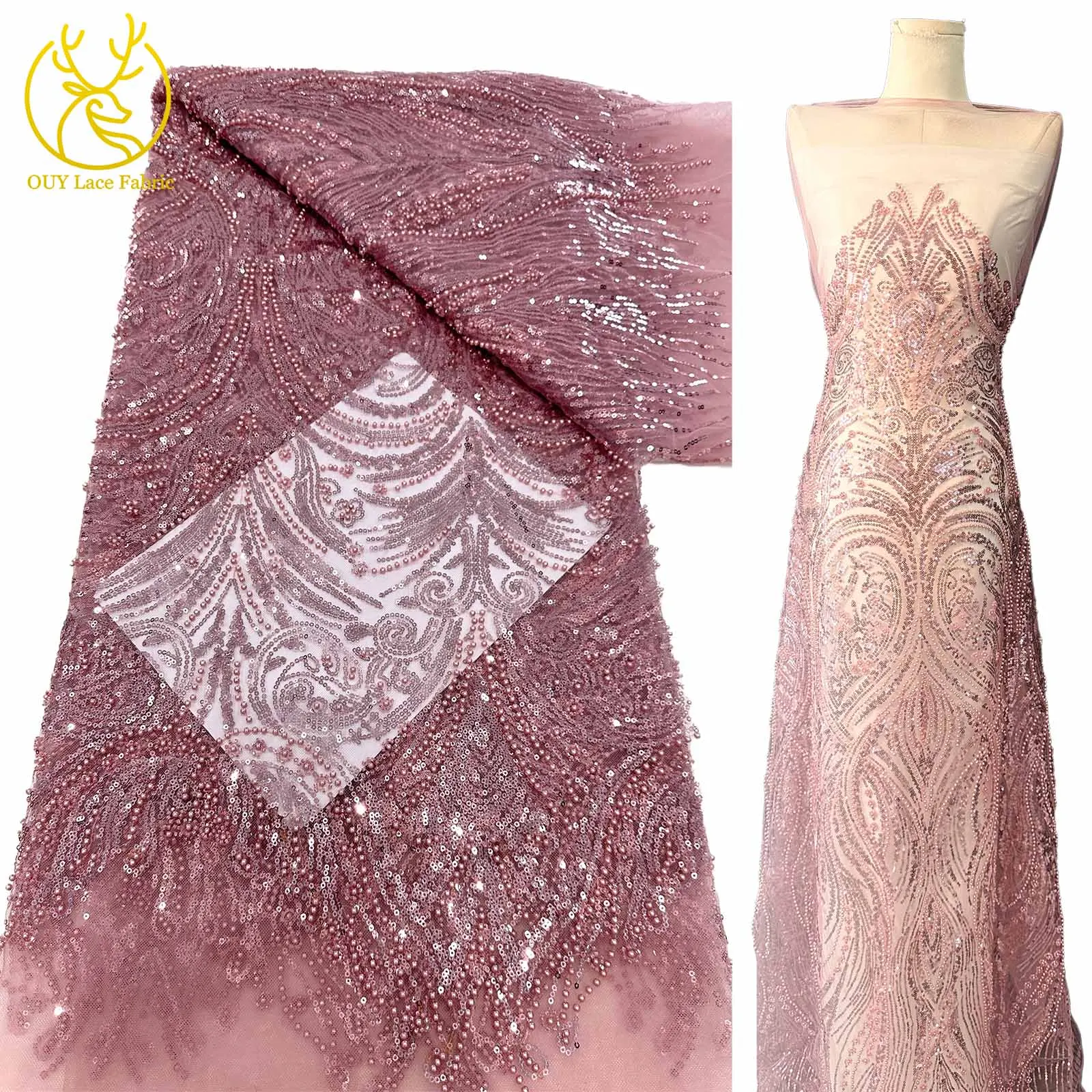 

Pink Sequin Elegant Beaded Lace Dress Material 2025 French African Embroidered Sequin Fabric Evening Party Wedding Dress