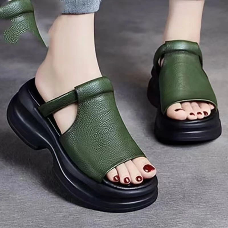 

Women Summer New Leather Wedges Slippers Thick Sole Light Non Slip Open Toe Outdoor Slippers Sandals Height Increasing Slippers